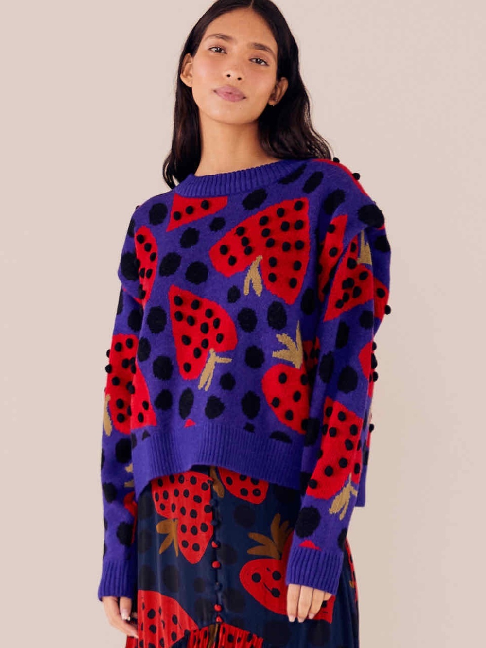 Farm Rio Blue Maxi Heartberry Sweater XL HTF Wool blend - Picture 3 of 7